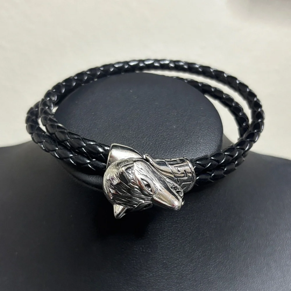 Viking Heritage Wolf Fenrir Braided Leather Stainless Steel Bracelet